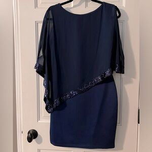 Navy Blue Dress. Formal Evening, Wedding, Cocktail. Sparkly draped cape. Size M